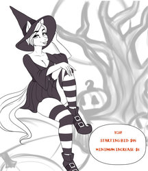 Size: 1024x1184 | Tagged: safe, artist:fairdahlia, oc, oc only, anthro, advertisement, anthro oc, auction, black and white, breasts, cleavage, clothes, commission, costume, digital art, eye clipping through hair, female, grayscale, halloween, hat, holiday, lipstick, looking at you, mare, monochrome, shoes, sitting, socks, striped socks, witch costume, witch hat, ych example, your character here