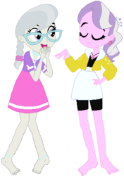 Size: 310x441 | Tagged: safe, artist:bluecakegamer, diamond tiara, silver spoon, equestria girls, g4, barefoot, barefooting, braided ponytail, clothes, compression shorts, duo, ear piercing, earring, eyes closed, feet, female, glasses, hand on hip, jacket, jewelry, necklace, open mouth, piercing, shorts, simple background, skirt, white background