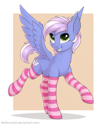 Size: 1815x2150 | Tagged: safe, artist:deltauraart, oc, oc only, oc:holly (deltauraart), pegasus, pony, clothes, cute, female, happy, mare, simple background, smiling, socks, solo, striped socks, thigh highs, wings