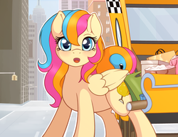 Size: 1024x791 | Tagged: safe, artist:ratofdrawn, oc, oc only, oc:golden gates, pegasus, pony, babscon, blushing, city, cute, female, freckles, looking at you, mare, open mouth, solo, taxi