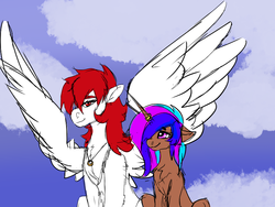 Size: 1600x1200 | Tagged: safe, artist:brainiac, derpibooru exclusive, oc, oc only, oc:hunters moon, oc:rose sniffer, pegasus, pony, unicorn, chest fluff, female, floppy ears, large wings, lesbian, mare, married couple, oc x oc, shipping, wings