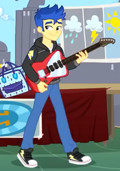 Size: 373x534 | Tagged: safe, screencap, flash sentry, best trends forever, equestria girls, equestria girls series, g4, clothes, converse, cropped, electric guitar, guitar, hoodie, male, musical instrument, pants, shoes, smiling, sneakers, solo