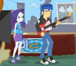 Size: 628x540 | Tagged: safe, screencap, flash sentry, rarity, best trends forever, equestria girls, equestria girls series, g4, bag, clothes, converse, cropped, electric guitar, eyes closed, female, geode of shielding, guitar, high heels, hoodie, male, musical instrument, pants, shoes, skirt, smiling, sneakers