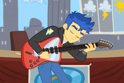 Size: 819x552 | Tagged: safe, screencap, flash sentry, best trends forever, equestria girls, equestria girls series, g4, clothes, cropped, electric guitar, eyes closed, guitar, hoodie, male, musical instrument, pants, smiling, solo