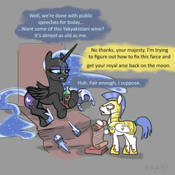 Size: 768x768 | Tagged: safe, artist:bigrigs, nightmare moon, alicorn, pony, g4, alcohol, armor, book, dialogue, helmet, royal guard, scroll, wine, wine bottle