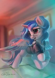 Size: 1024x1448 | Tagged: safe, artist:louislithium, oc, oc only, alicorn, pony, alicorn oc, blurry background, clothes, commission, female, glasses, mare, open mouth, shirt, signature, solo