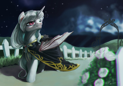 Size: 2953x2079 | Tagged: safe, artist:louislithium, oc, oc only, alicorn, bat pony, pony, alicorn oc, bat pony oc, clothes, commission, female, fence, flower, high res, mare, night, rose, signature, slit pupils, solo