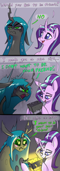 Size: 1200x3412 | Tagged: safe, artist:underpable, queen chrysalis, starlight glimmer, changeling, changeling queen, pony, g4, behaving like a moth, blush sticker, blushing, bug horse, bugs doing bug things, changelings in the comments, comic, cross-popping veins, curved horn, dialogue, female, horn, lamp, mare, shiny, smiling, speech bubble
