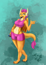 Size: 1447x2047 | Tagged: safe, artist:mik3thestrange, smolder, dragon, anthro, digitigrade anthro, g4, season 8, abs, breasts, busty smolder, clothes, curvy, dragoness, fangs, female, horns, hourglass figure, midriff, older, smiling, solo, sports bra, sports shorts, stupid sexy smolder, tail, wings