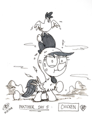 Size: 1275x1755 | Tagged: safe, artist:loreto-arts, scootaloo, bird, chicken, pegasus, pony, g4, angry, animal costume, beak, black and white, chicken suit, clothes, costume, cross-popping veins, cute, egg, feather, female, filly, frown, glare, grayscale, grumpy, inktober, looking at you, monochrome, raised hoof, scootachicken, simple background, solo, white background