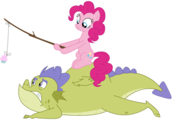 Size: 2215x1552 | Tagged: safe, artist:sonofaskywalker, pinkie pie, sludge (g4), dragon, earth pony, pony, father knows beast, g4, cupcake, female, food, mare, simple background, smiling, transparent background, vector