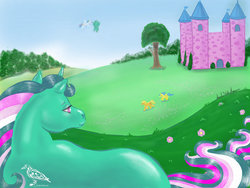 Size: 900x675 | Tagged: safe, artist:sarahwaterraven, applejack (g1), bubbles (g1), fizzy, medley, starshine, g1, castle, dream castle