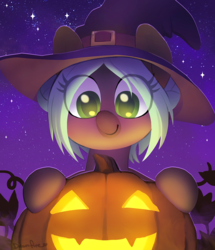 Size: 900x1046 | Tagged: safe, artist:dawnfire, oc, oc only, oc:cocoa mint, pony, clothes, cute, female, halloween, hat, holiday, jack-o-lantern, mare, pumpkin, smiling, solo, stars, witch hat