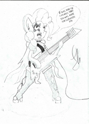 Size: 1568x2188 | Tagged: safe, artist:jenjan23all, pinkie pie, earth pony, anthro, unguligrade anthro, g4, band, female, guitar, kiss (band), lineart, musical instrument, parody, rock, singing, soft, solo, speech, tattoo