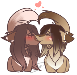 Size: 1024x1002 | Tagged: dead source, safe, artist:mauuwde, oc, oc only, oc:claire, oc:maude, pony, female, heart, kissing, lesbian, mare, simple background, transparent background