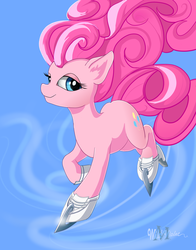 Size: 2200x2800 | Tagged: safe, artist:wildviolet-m, pinkie pie, earth pony, pony, g4, female, high res, ice skating, looking at you, mare, signature, smiling, solo
