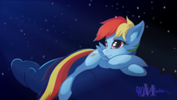 Size: 2300x1300 | Tagged: safe, artist:wildviolet-m, rainbow dash, pegasus, pony, g4, cloud, female, mare, on a cloud, smiling, solo, stars