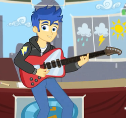 Size: 735x695 | Tagged: safe, screencap, flash sentry, best trends forever, equestria girls, g4, my little pony equestria girls: better together, clothes, cropped, cute, diasentres, guitar, hoodie, looking at you, male, pants, smiling
