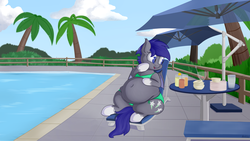 Size: 4320x2430 | Tagged: safe, artist:andelai, oc, oc only, oc:midnight blossom, bat pony, pony, bat pony oc, belly, belly button, big belly, bikini, chubby cheeks, clothes, fat, female, food, high res, obese, poolside, solo, swimsuit, tight clothing