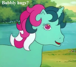 Size: 648x567 | Tagged: safe, edit, edited screencap, editor:korora, screencap, fizzy, twinkle eyed pony, g1, my little pony 'n friends, the ghost of paradise estate, bronybait, cropped, cute, fizzybetes, hug request, text, tree