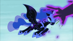 Size: 1234x694 | Tagged: safe, screencap, nightmare moon, alicorn, pony, a royal problem, g4, blast, concave belly, female, flying, helmet, hoof shoes, jewelry, magic, magic blast, regalia, slender, solo, spread wings, thin, wings
