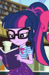 Size: 475x720 | Tagged: safe, screencap, sci-twi, twilight sparkle, best trends forever, equestria girls, equestria girls series, g4, best trends forever: pinkie pie, book, clothes, cropped, female, geode of telekinesis, glasses, ponytail, skirt