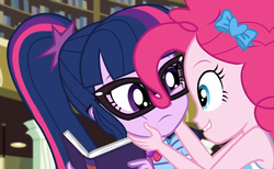 Size: 1171x720 | Tagged: safe, screencap, pinkie pie, sci-twi, twilight sparkle, best trends forever, equestria girls, equestria girls series, g4, best trends forever: pinkie pie, book, clothes, female, geode of telekinesis, glasses, ponytail