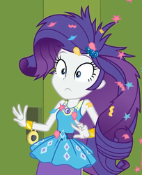 Size: 588x720 | Tagged: safe, screencap, rarity, best trends forever, equestria girls, equestria girls series, g4, best trends forever: pinkie pie, clothes, confetti, cropped, female, geode of shielding, magical geodes, messy hair, shocked, skirt