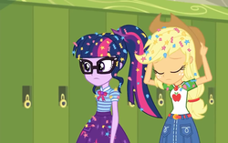 Size: 1146x720 | Tagged: safe, screencap, applejack, sci-twi, twilight sparkle, best trends forever, equestria girls, equestria girls series, g4, applejack's hat, belt, best trends forever: pinkie pie, canterlot high, clothes, cowboy hat, denim skirt, eyes closed, female, freckles, geode of super strength, geode of telekinesis, glasses, hat, lockers, messy hair, ponytail, skirt, stetson