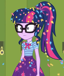 Size: 531x630 | Tagged: safe, screencap, sci-twi, twilight sparkle, best trends forever, equestria girls, equestria girls series, g4, best trends forever: pinkie pie, bowtie, clothes, confetti, cropped, female, geode of telekinesis, glasses, magical geodes, messy hair, ponytail, skirt, solo