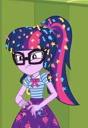 Size: 477x688 | Tagged: safe, screencap, sci-twi, twilight sparkle, best trends forever, equestria girls, equestria girls series, g4, annoyed, best trends forever: pinkie pie, canterlot high, clothes, confetti, cropped, female, geode of telekinesis, glasses, hallway, lockers, messy hair, ponytail, skirt, solo