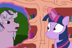 Size: 6000x4000 | Tagged: safe, artist:devfield, twilight, twilight sparkle, pony, g4, 35th anniversary, book, generational ponidox, golden oaks library, library, looking at each other, magic, rift, spell, startled, time paradox, two toned mane