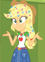 Size: 480x647 | Tagged: safe, screencap, applejack, best trends forever, equestria girls, equestria girls series, g4, applejack's hat, belt, best trends forever: pinkie pie, canterlot high, clothes, confetti, cowboy hat, cropped, denim skirt, female, freckles, geode of super strength, hat, lockers, messy hair, shrug, skirt, stetson