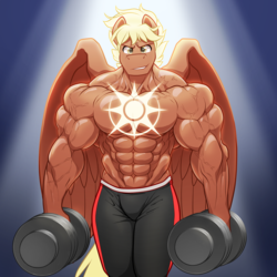 Size: 1843x1843 | Tagged: safe, artist:ponyanony, oc, oc only, oc:flex, pegasus, anthro, unguligrade anthro, abs, alternative cutie mark placement, anthro oc, biceps, bodybuilder, clothes, deltoids, dumbbell (object), eight pack, glowing cutie mark, looking at you, male, muscles, nudity, pants, partial nudity, pecs, solo, stallion, topless, weights