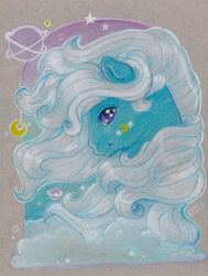 Size: 511x676 | Tagged: safe, artist:silvermoonbreeze, night glider (g1), earth pony, pony, g1, colored pencil drawing, female, gradient background, looking at you, mare, planet, solo, traditional art, windswept mane