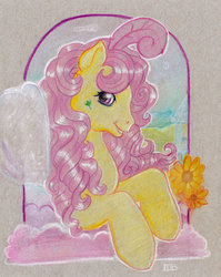 Size: 600x754 | Tagged: safe, artist:silvermoonbreeze, rosedust, flutter pony, pony, g1, colored pencil drawing, female, flower, looking at you, mare, open mouth, open smile, smiling, solo, traditional art