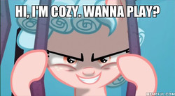 Size: 600x330 | Tagged: safe, edit, edited screencap, screencap, cozy glow, pegasus, pony, g4, school raze, season 8, bars, child's play, chucky, evil grin, female, filly, foal, freckles, grin, image macro, meme, memeful.com, narrowed eyes, pure concentrated unfiltered evil of the utmost potency, smiling, solo, text, wanna be friends?
