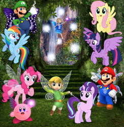 Size: 2158x2207 | Tagged: safe, artist:andoanimalia, artist:dashiesparkle, artist:estories, artist:kysss90, artist:user15432, artist:venjix5, fluttershy, pinkie pie, rainbow dash, starlight glimmer, twilight sparkle, alicorn, butterfly, fairy, fairy pony, human, hylian, pegasus, pony, puffball, unicorn, amulet, aura, blue fairy, butterfly wings, crossover, fairies, fairies are magic, fairy wings, forest, hasbro, hasbro studios, humanized, jewelry, kirby, kirby (series), kirby pie, link, luigi, luigidash, luigishy, luitwi, magic, magic aura, magical forest, maridash, mario, mario & luigi, mariopie, marioshy, necklace, nintendo, princess pinkie pie, super mario bros., super smash bros., the legend of zelda, the legend of zelda: the wind waker, toon link, twilight sparkle (alicorn), waterfall, winged humanization, wings