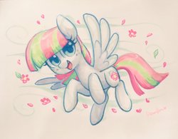 Size: 2048x1595 | Tagged: safe, artist:dawnfire, blossomforth, pegasus, pony, g4, adoraforth, cute, female, flower, flower petals, flying, freckles, happy, mare, open mouth, solo