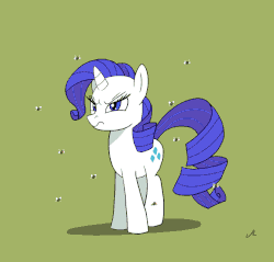 Size: 720x687 | Tagged: safe, artist:docwario, rarity, fly, pony, unicorn, g4, school raze, angry, animated, female, green background, horses doing horse things, mare, raritober, simple background, tail flip, tail wag