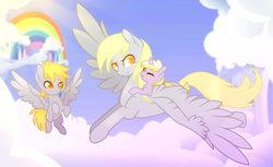 Size: 3481x2136 | Tagged: safe, artist:serathrix, crackle pop, derpy hooves, dinky hooves, pegasus, pony, unicorn, g4, brother and sister, cloud, colored pupils, colt, cute, dinkabetes, dinky riding derpy, equestria's best daughter, equestria's best mother, female, filly, flying, high res, male, mare, mother and daughter, mother and son, nuzzling, ponies riding ponies, rainbow, riding