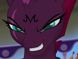 Size: 1061x804 | Tagged: safe, edit, edited screencap, screencap, tempest shadow, pony, unicorn, g4, my little pony: the movie, broken horn, corrupted, cropped, dragon ball, dragon ball z, equestria is doomed, evil grin, eye scar, female, grin, horn, majin, mare, possessed, scar, slasher smile, smiling, xk-class end-of-the-world scenario