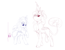 Size: 1860x1410 | Tagged: safe, artist:brisineo, princess celestia, princess luna, twilight sparkle, kirin, g4, sounds of silence, confused, duo focus, female, jewelry, kirin celestia, kirin luna, kirin-ified, looking at you, raised hoof, regalia, royal sisters, simple background, sketch, species swap, starry eyes, trio, white background, wingding eyes