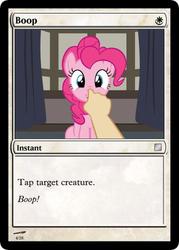 Size: 375x523 | Tagged: safe, artist:badumsquish-edits, edit, pinkie pie, human, g4, boop, card, curtains, cute, female, grin, hand, happy, looking at you, magic the gathering, mare, offscreen character, pov, sitting, smiling, solo, this will end in fun, trading card, window