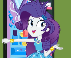 Size: 877x720 | Tagged: safe, screencap, rarity, best trends forever, best trends forever: pinkie pie, equestria girls, g4, my little pony equestria girls: better together, my little pony equestria girls: choose your own ending, canterlot high, cropped, female, geode of shielding, hallway, lockers, messy hair, smiling