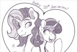 Size: 1227x826 | Tagged: safe, artist:dragk, sweetie belle, sweetie belle (g3), pony, unicorn, g3, g4, 35th anniversary, cute, diasweetes, duo, female, g3 diasweetes, generation leap, grayscale, heart, mare, monochrome, simple background, white background