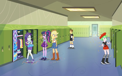Size: 1163x720 | Tagged: safe, screencap, applejack, drama letter, rarity, sci-twi, teddy t. touchdown, twilight sparkle, watermelody, best trends forever, equestria girls, g4, my little pony equestria girls: better together, ankle socks, applejack's hat, background human, belt, boots, canterlot high, clothes, cowboy boots, cowboy hat, denim skirt, female, freckles, geode of shielding, geode of super strength, geode of telekinesis, glasses, hat, high heel boots, high heels, kneesocks, lockers, male, ponytail, shoes, skirt, socks, stetson
