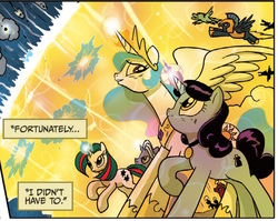 Size: 1021x813 | Tagged: safe, idw, official comic, gusty, gusty the great, powder, princess celestia, professor inkwell, alicorn, pegasus, pony, unicorn, g1, g4, micro-series #8, my little pony micro-series, spoiler:comic, cropped, female, force field, g1 to g4, generation leap, mare