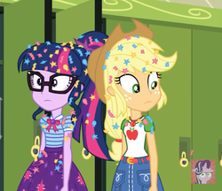 Size: 729x630 | Tagged: safe, screencap, applejack, sci-twi, starlight glimmer, twilight sparkle, best trends forever, best trends forever: pinkie pie, equestria girls, g4, my little pony equestria girls: better together, account, applejack's hat, belt, clothes, cowboy hat, denim skirt, female, freckles, geode of super strength, geode of telekinesis, glasses, hat, messy hair, ponytail, skirt, stetson, uh oh, watermark