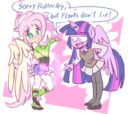 Size: 900x800 | Tagged: safe, artist:thegreatrouge, fluttershy, twilight sparkle, alicorn, pegasus, anthro, plantigrade anthro, g4, sounds of silence, ass, butt, clothes, female, mare, scene interpretation, smiling, twilight sparkle (alicorn)
